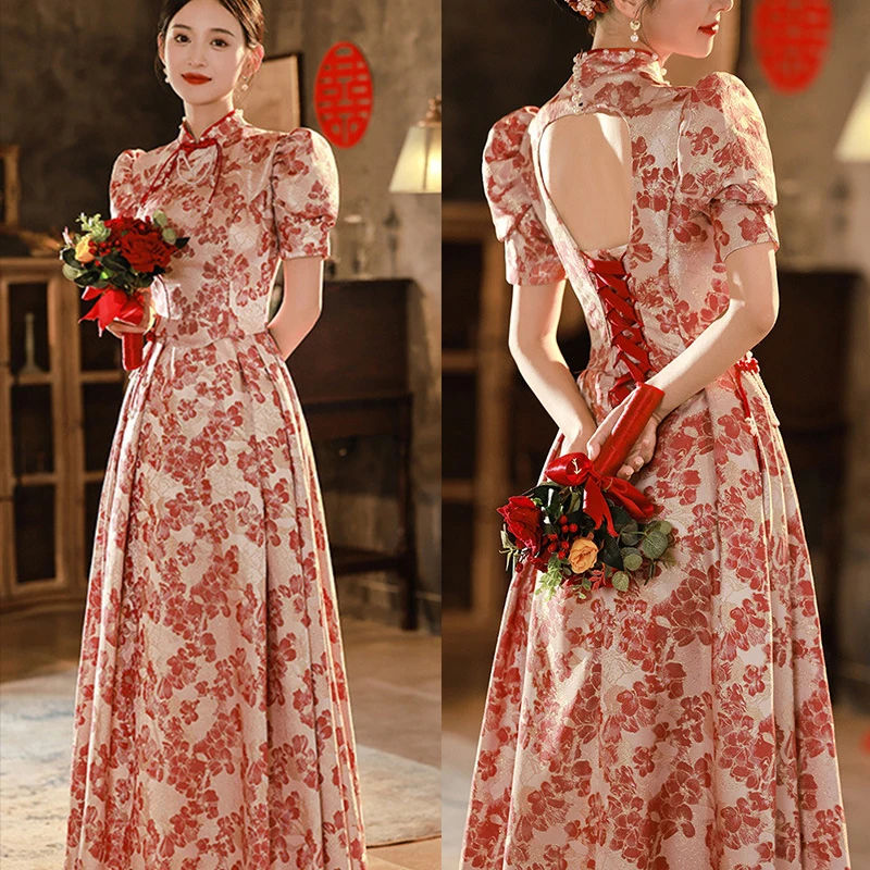 Laterne Ärmel stehen Hals Frauen Abendkleid Perle Krawatte Braut Toast Kleider Braut Toast Kleid lange Cheong sam chinesischen Stil