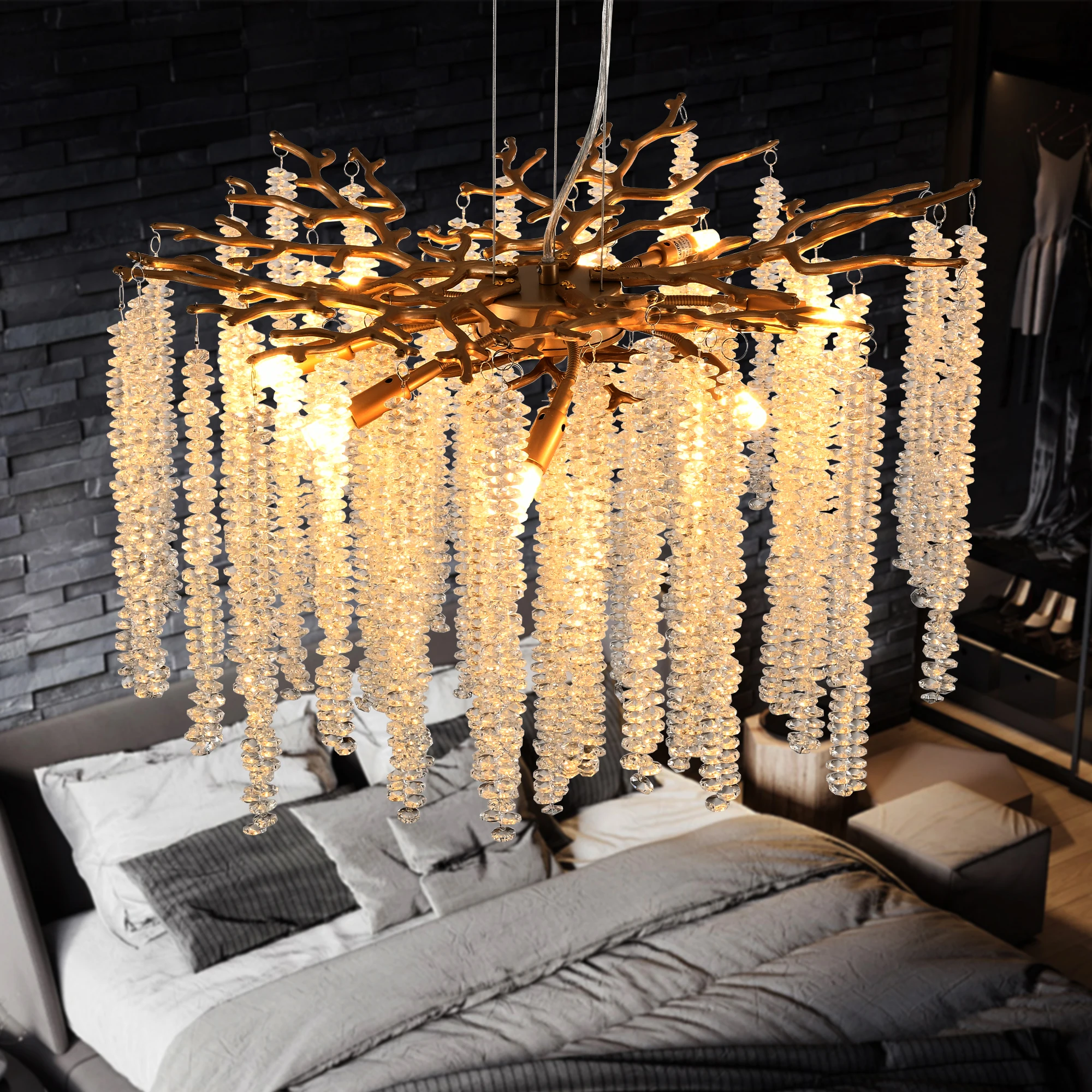 

23.6inch Modern Golden Chandelier with Cascading Crystal String, Perfect for Living Room, Dining Room and Foyer, High-End Decorative Lamps (Bulb Not Included)