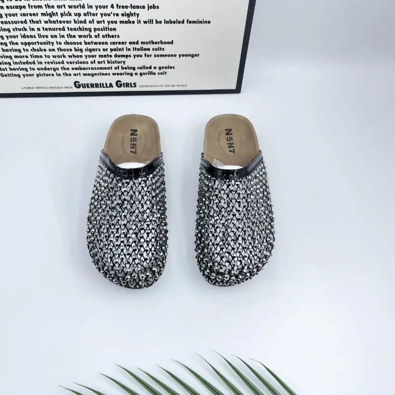

Women's new crystal slippers, round toe, summer fishnets, toe slippers, comfortable platform soles, slip-on beach slippers