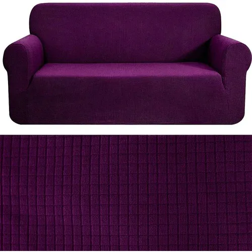 Bogda Stretch Fitted Flexible Washable Square Pattern Bergere Seat Cover Set 3 Seater Sofa Case Purple