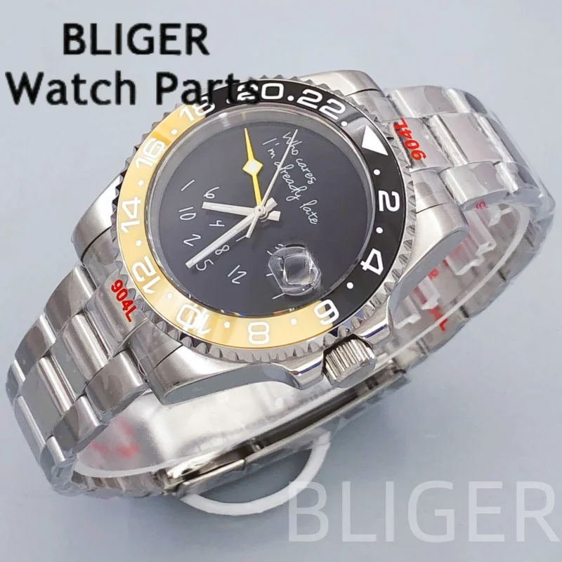 BLIGER 40 مللي متر أصفر GMT ساعة للرجال NH34A ساعة اليد الميكانيكية أسود أصفر السيراميك الحافة الياقوت الزجاج Lume 100 متر مقاوم للماء