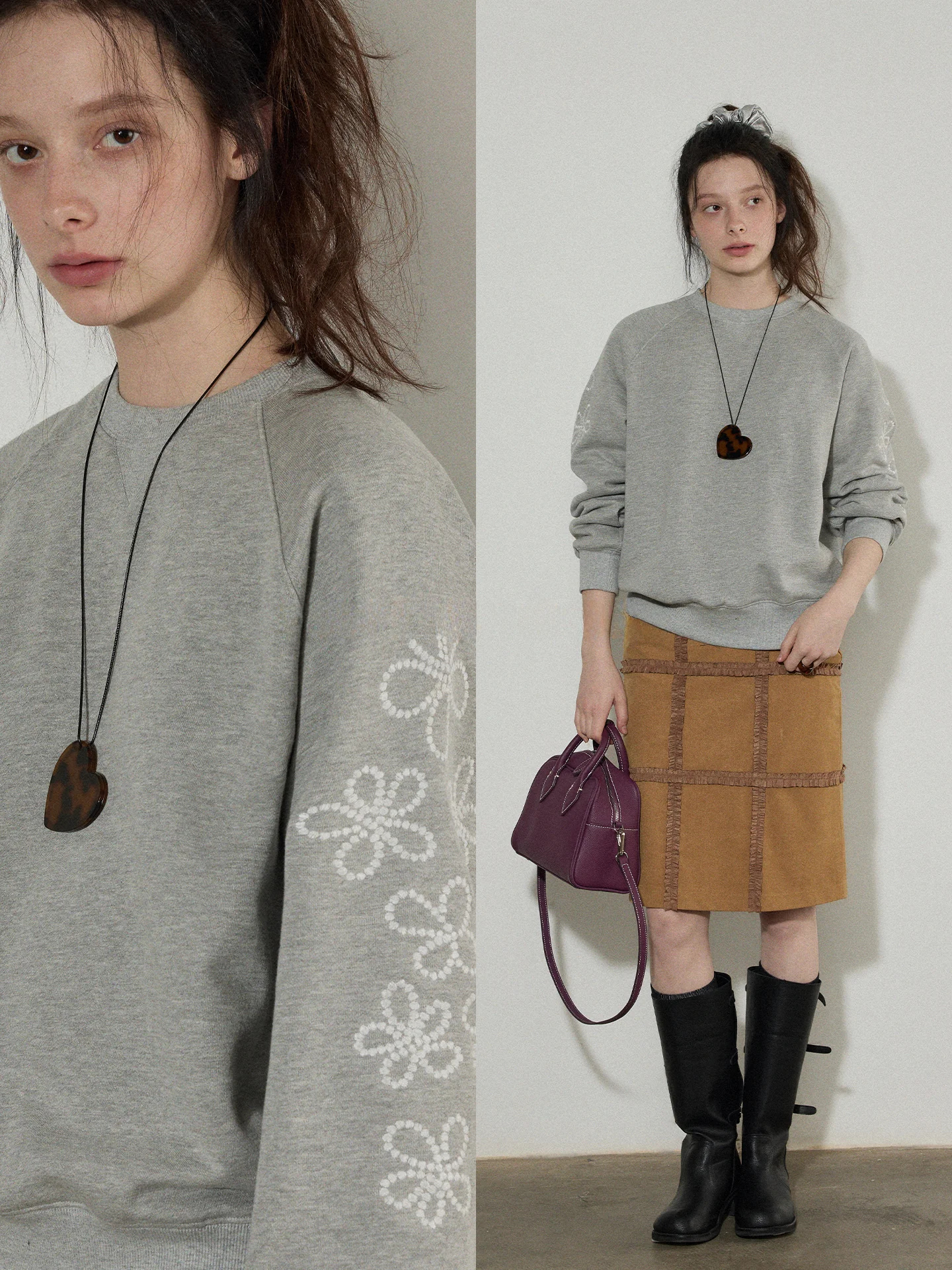 

Lofi Choose Women's round Ne Sweatirt Embroidered Flower Casual Loose Winter Design Simple Comfortable Top