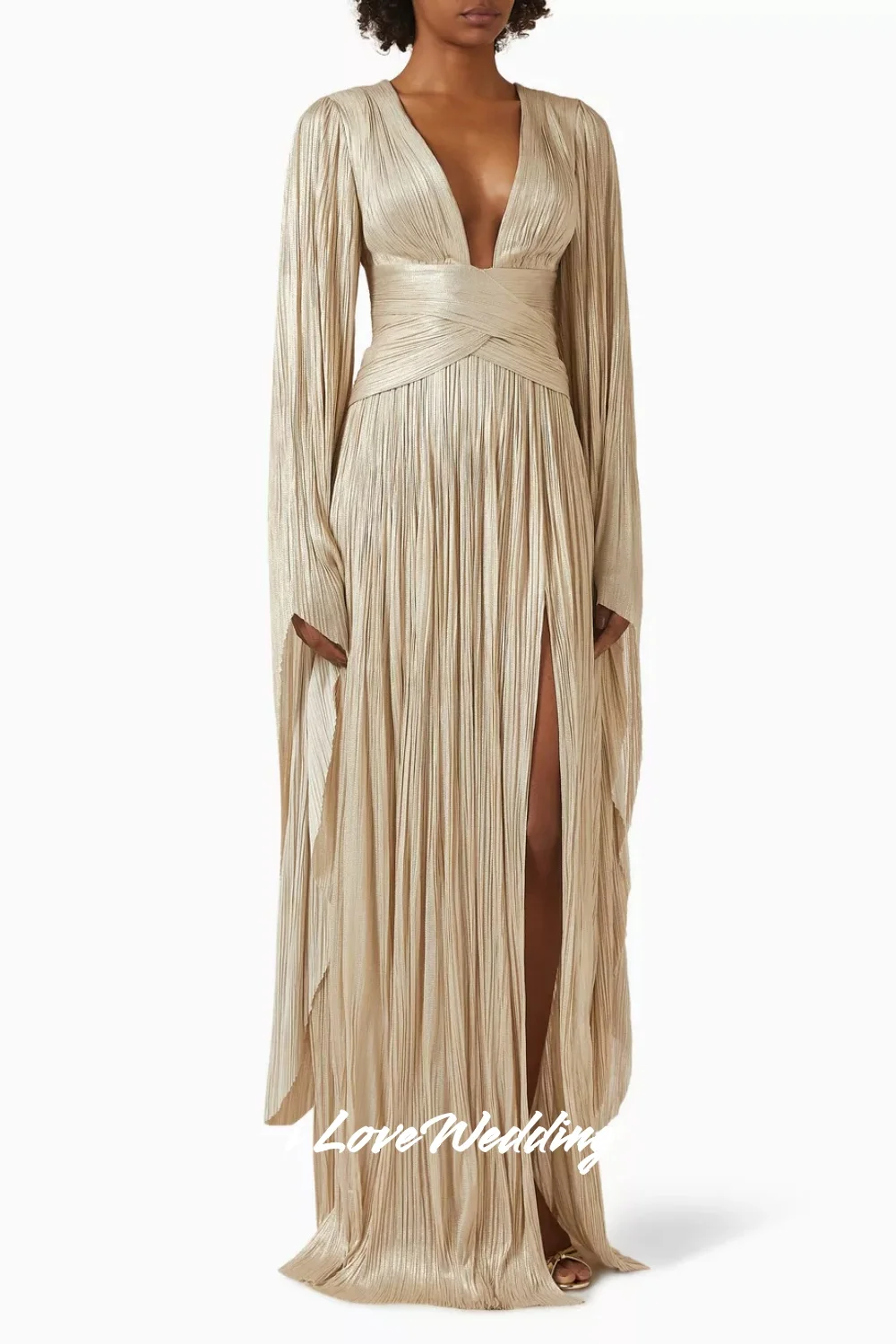 

Вечернее платье цвета шампанского с v-образным вырезом, 2025 г., с длинным рукавом и открытой спиной, Русалка с разрезом по бокам, длиной до пола, плиссированные свадебные платья на заказ