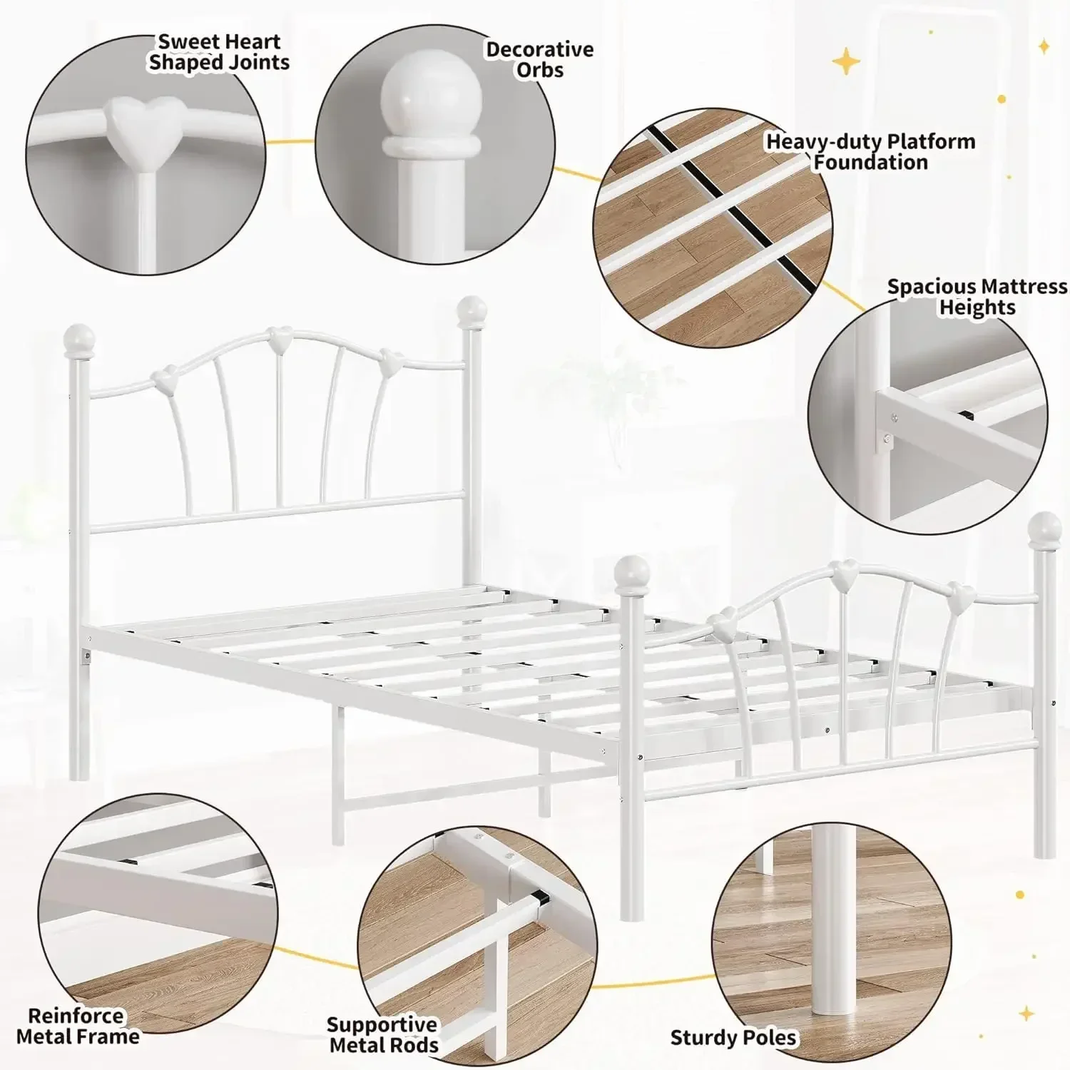 Estrutura de cama de solteiro para crianças, estrutura de cama de solteiro com cabeceira em formato de coração e suporte de ripas de metal pesado, branco silencioso