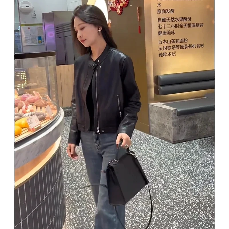 Chaqueta de cuero sintético para mujer, abrigo corto, holgado, informal, color negro, estilo coreano, para primavera y otoño, novedad de 2024