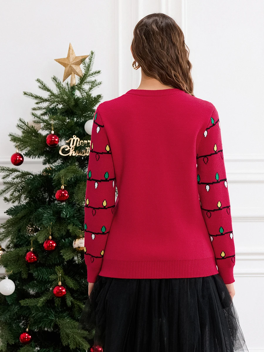 Women's Christmas Loose Sweater Christmas Tree String Lights Print Long Sleeve Round Neck Knit Tops Knitwear