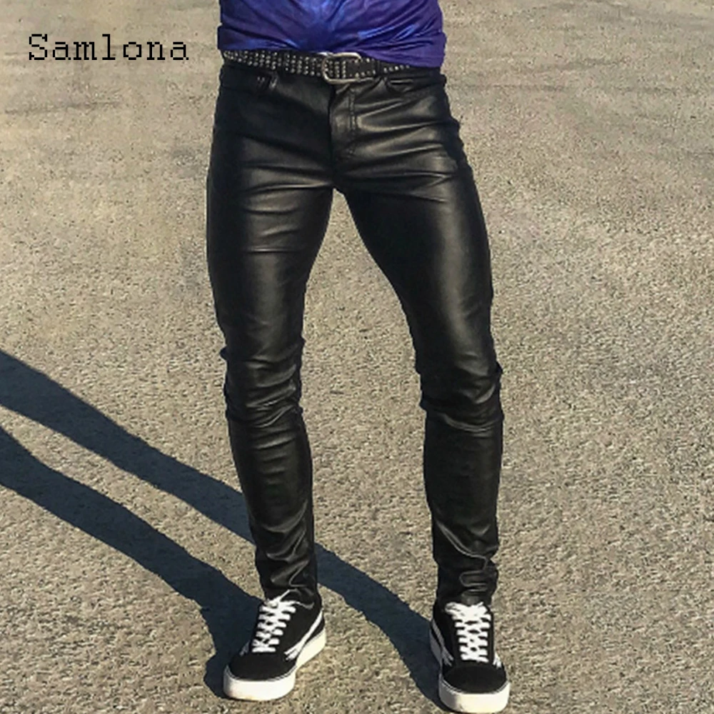 

Men Fashion Zipper Pocket Pu Leather Pants 2023 American and European Style Formal Party Slim Trouser Sexy Faux Dancing Hotpants