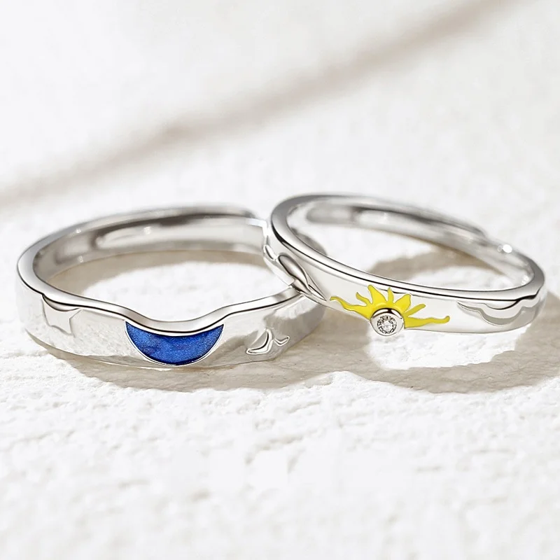 Temperament  Adjustable Moon Sun Star Zircon Lovers Rings Personality Drip Glue Open Couples Ring Wedding Party Jewelry