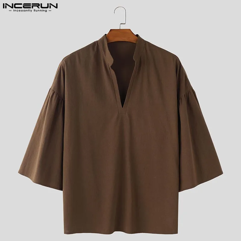 

INCERUN 2026 Men Shirt Korean Style Fashion Men's Stand Collar Three-quarters Sleeve Shirts Casual Streetwear Solid Tops Men