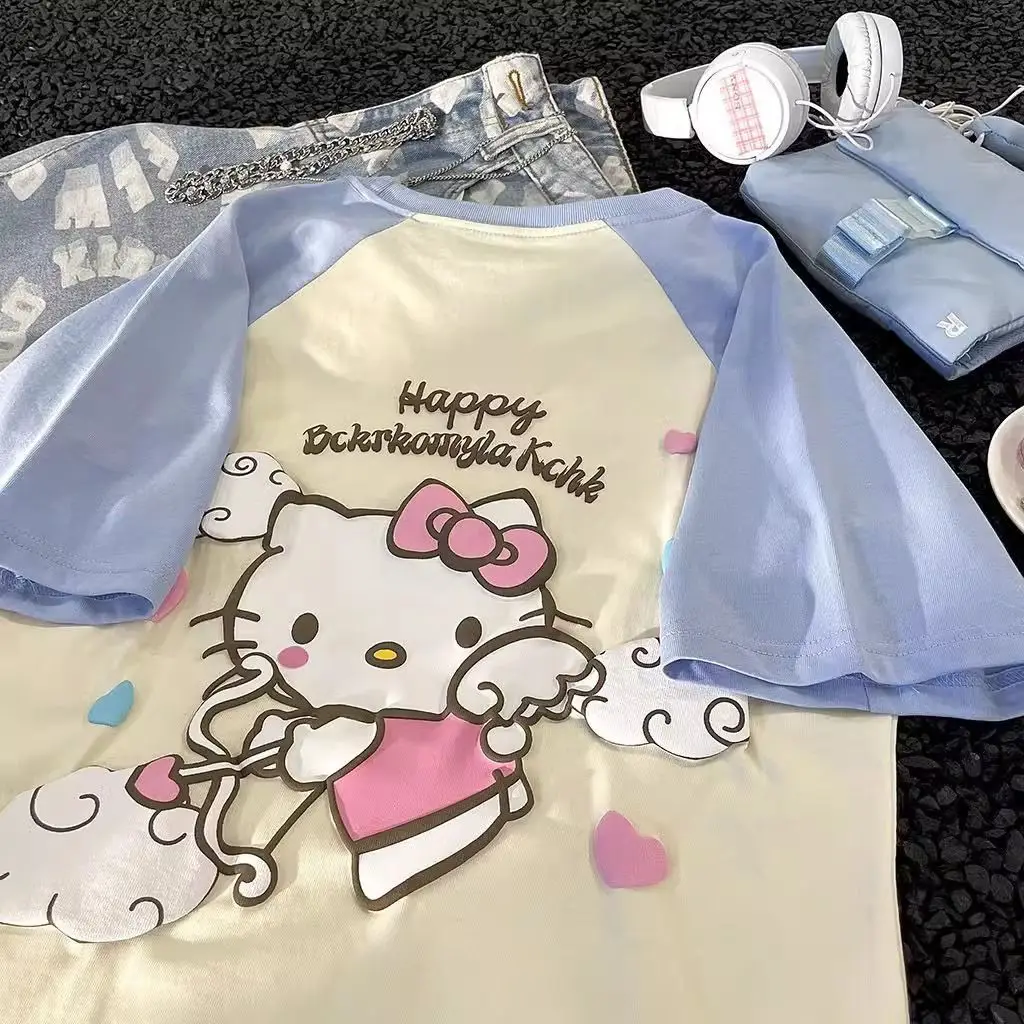 Hello Kitty Sanrio t-shirt grigia Kawaii Cartoon Print Cotton Top o-collo camicie oversize Streetwear Splicing Top abbigliamento donna