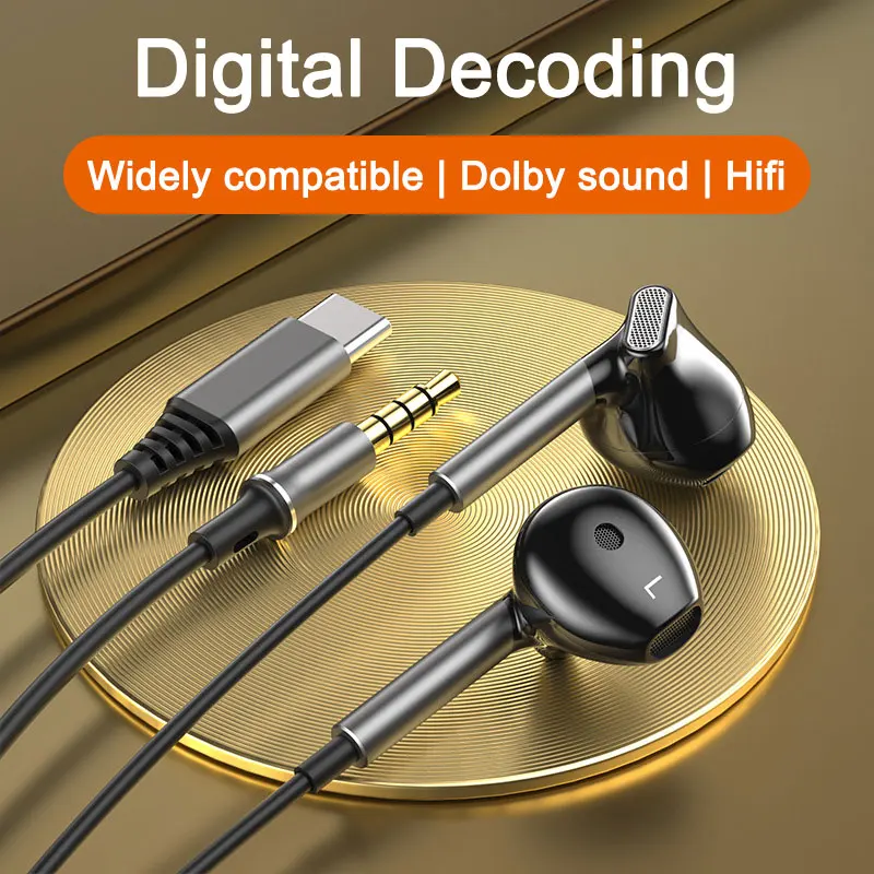 Wired Headphones Bass In-ear HiFi Type C/3.5mm Stereo Wired Earphone For Samsung Galaxy S24 23 22 Ultra iPhone 15 Pro Max