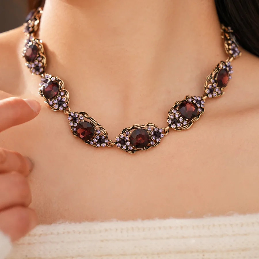 Mediaeval Vintage Rhihnestones Chokers Necklace for Women Oval Purple Flower Stud Earrings Bracelets Dedicate Banquet Jewelry M1 - view 4