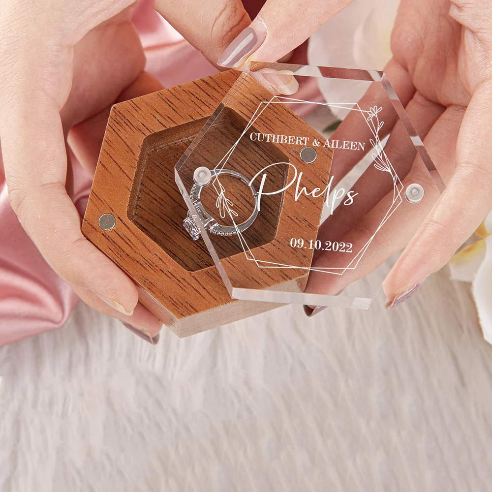 

Hexagon Ring Box With Clear Acrylic Base Custom Ring Bearer Personalized Ring Box Rustic Wedding Ring Dish Proposal Gift