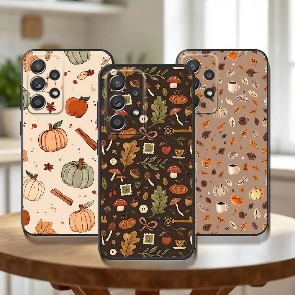 

Phone Case For Samsung Galaxy A 91,80,73,72,71,53,52,51,22,5G Autumn leaves pumpkin Shockproof Soft Black Cover