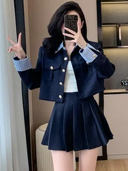 Small Fragrant Tweed Crop Top Two Piece Set Women Bowknot Short Jacket + High waist Mini Pleated Skirt Suits Streetwear Suits