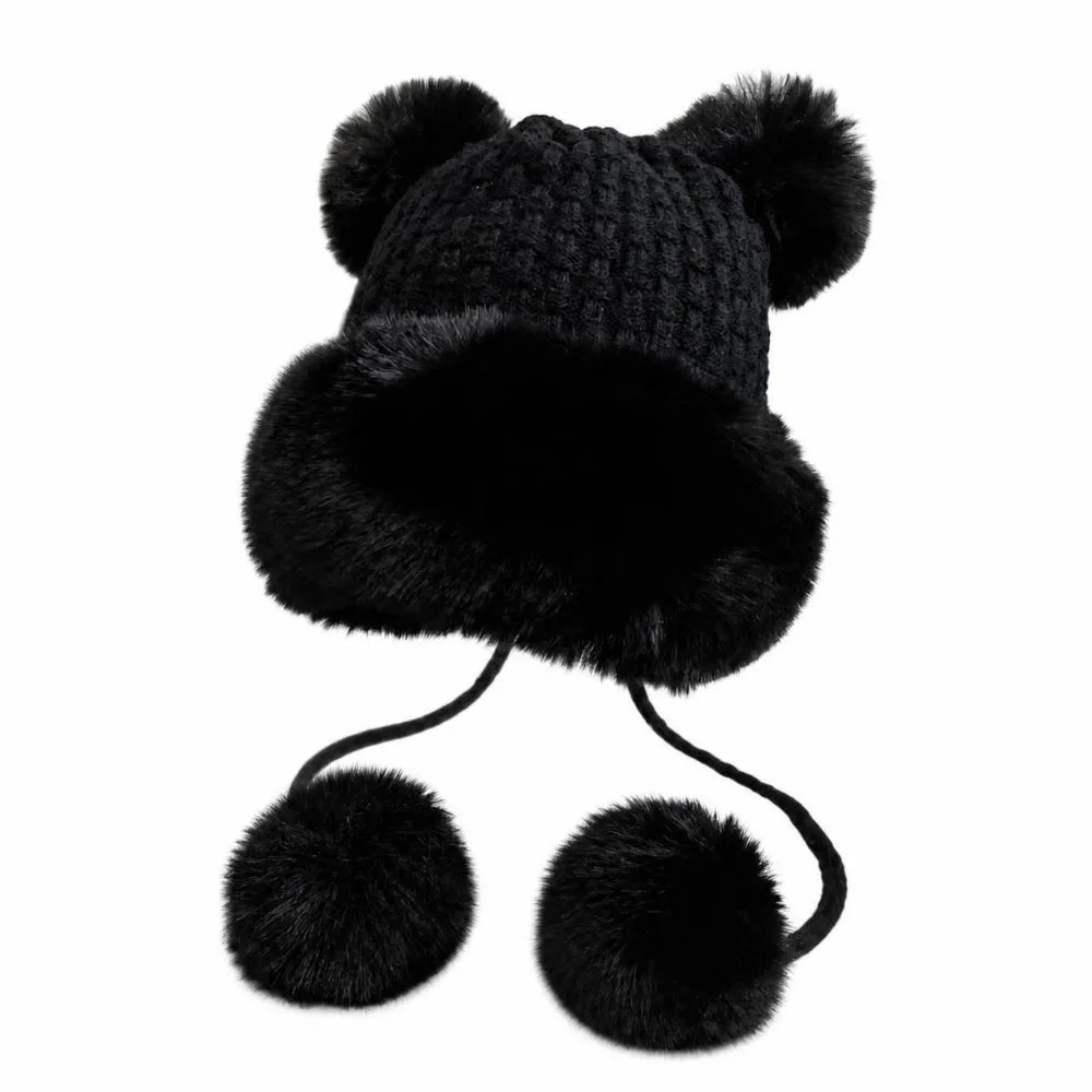Warm Lined Bear Ear Knit Hat Thermal Insulation Fluffy Earflap Hat Windproof 4 Pom Poms Trapper Hat Cold Weather