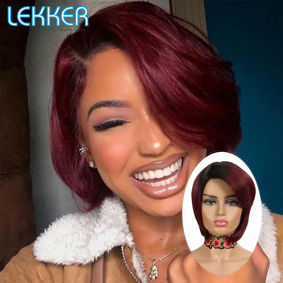 

Lekker Clearance Ombre Red Короткая стрижка пикси Прямой боб 100% парик из натуральных волос для женщин Бразильские волосы Remy Полный машинный парик