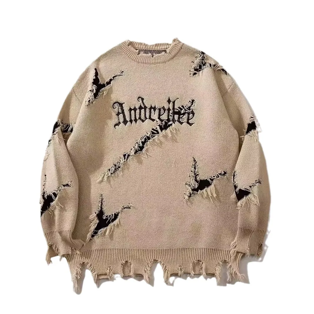 

American style, dark style, trendy, perforated, letter jacquard, contrasting color, personalized, street loose, unisex sweater