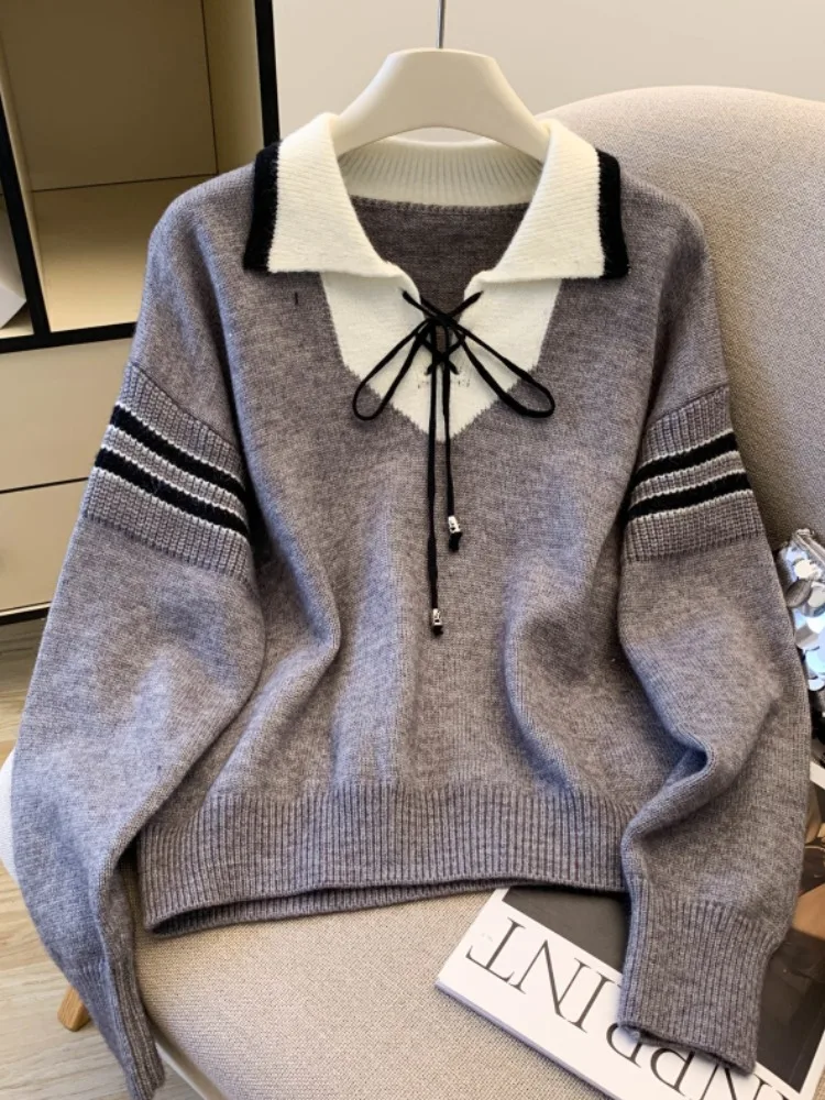 فضفاضة تناسب اللون بلو تريكو طوق وهمية قطعتين المرأة سترة الخريف جديد Sle كلية Sle محبوك