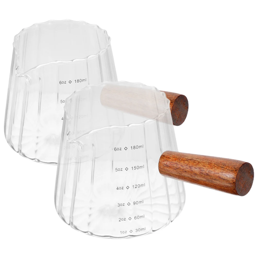 

2Pcs Milk Cups Wooden Handle Glass Espresso Measuring Cups Mini Jugs Portable Coffee Pitchers Clear Espresso Glass Cup