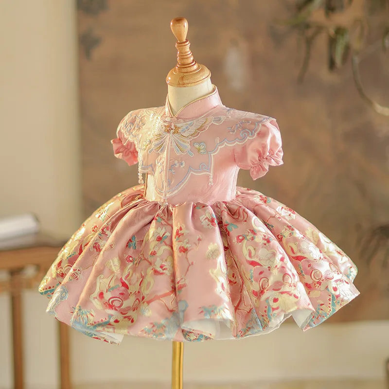 ICJAEHAO 2024 One Year Old Baby Girl Grab Week Princess Dress Summer Matching Outfit Chinese Guofeng Banquet Tang Clothes