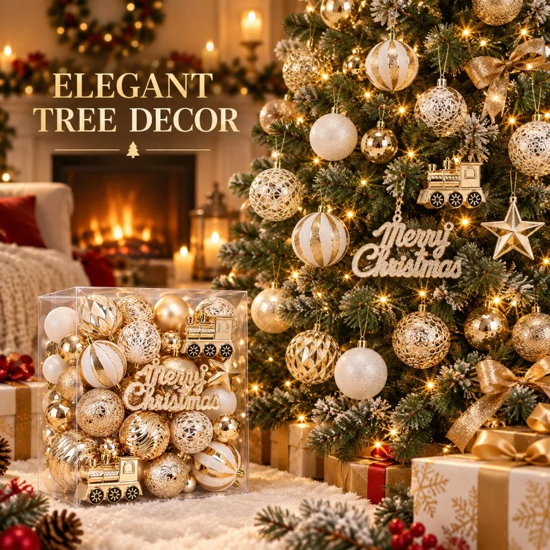 65-teiliges Weihnachtskugel-Set, sortierte Kunststoffkugeln, Zug- und Sternanhänger für Weihnachtsbaum, Party und Heimdekoration