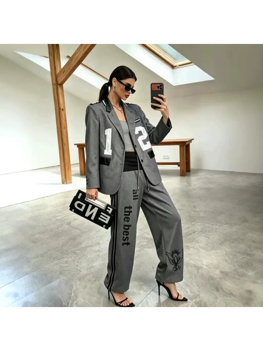 Women's Two-Piece Suit Set Loose Fit Embroidered Digital Pattern Long Pants Elastic Waist Cargo Style Fashionable Autumn Wear