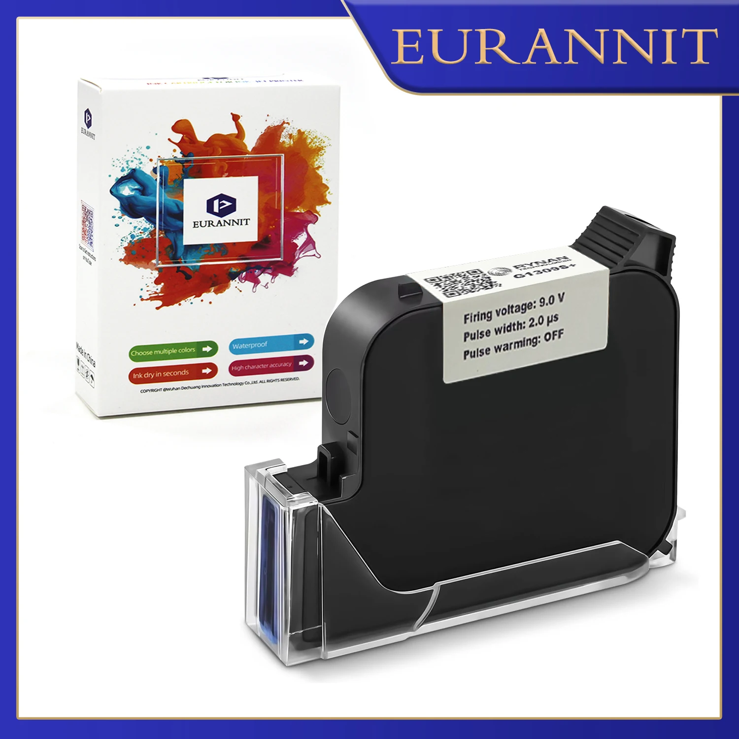 EURANNIT G1309S+ Black High Adhesion HD Ink Cartridge 25.4mm Solvent Unencrypted Inks Fast Drying Waterproof Ink for TIJ Printer