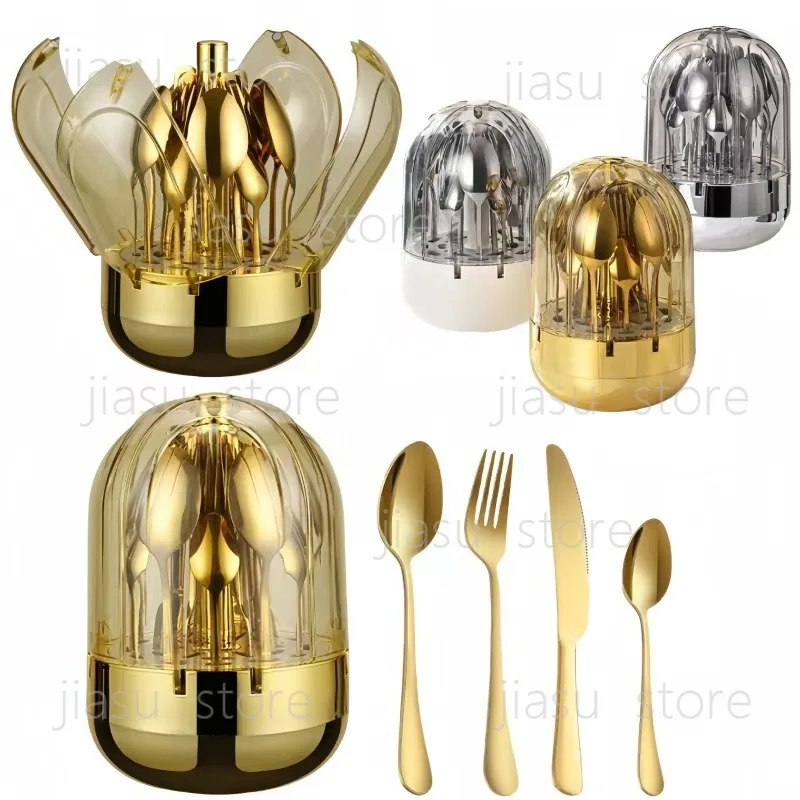 

Elegant MOOD Egg Shaped Cutlery Set 24Pcs Stainless Steel Knife Fork Spoon Household Dinnerware With Snack Tray