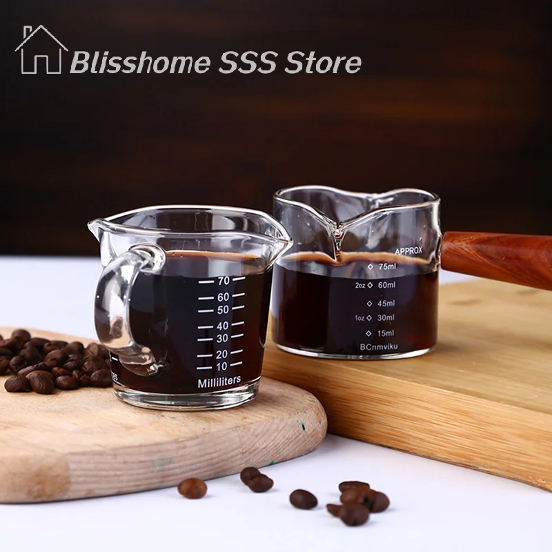 【S】70/75ml Espresso Shot Glass Double Spout Glass Measuring Cup Heat-Resistant Handle Clear Scale Wine Milk Coffee Measure