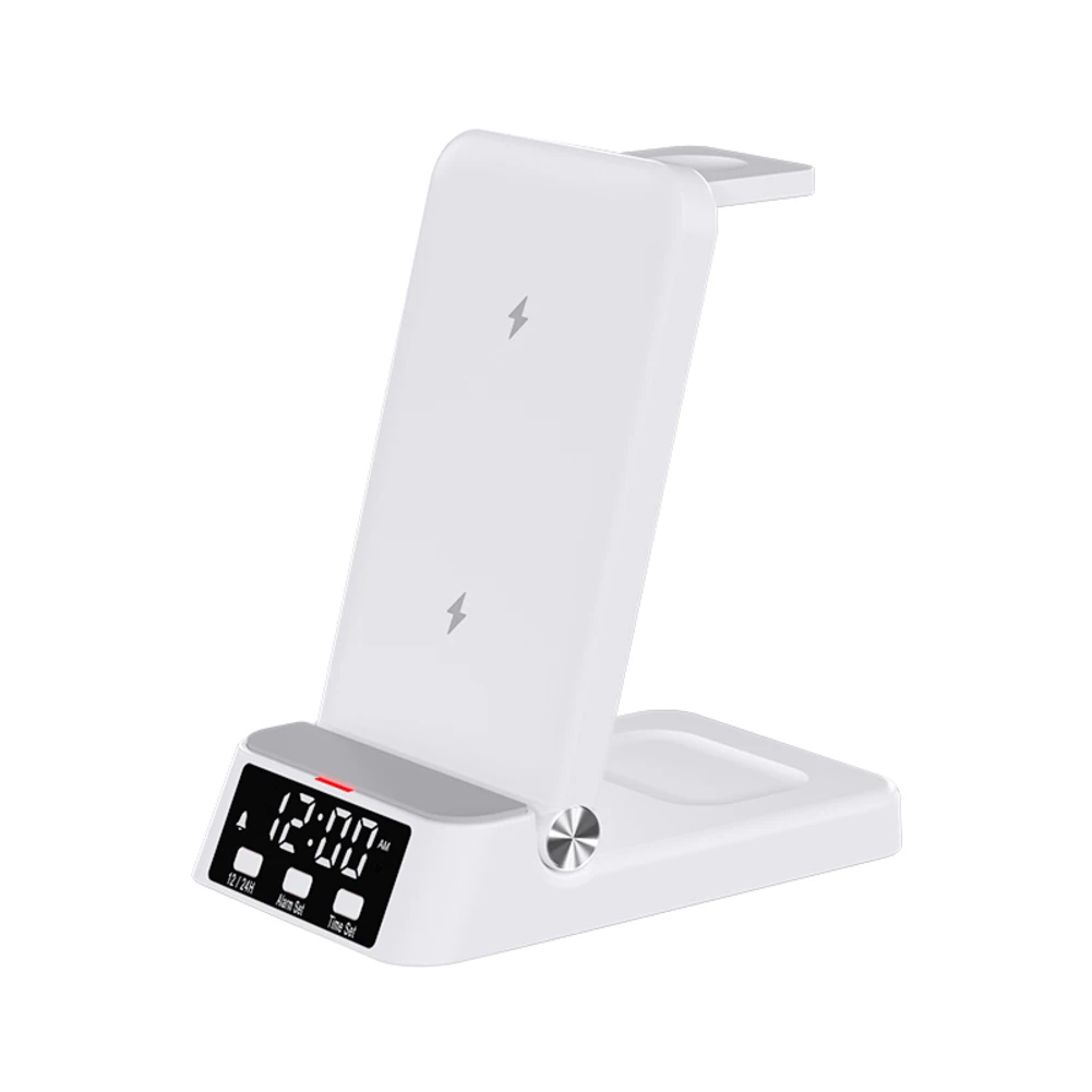 Wireless Charging Dock for Samsung Phones Earbuds and Smartwatches Featuring Integrated Digital Clock and Multi-Device Support