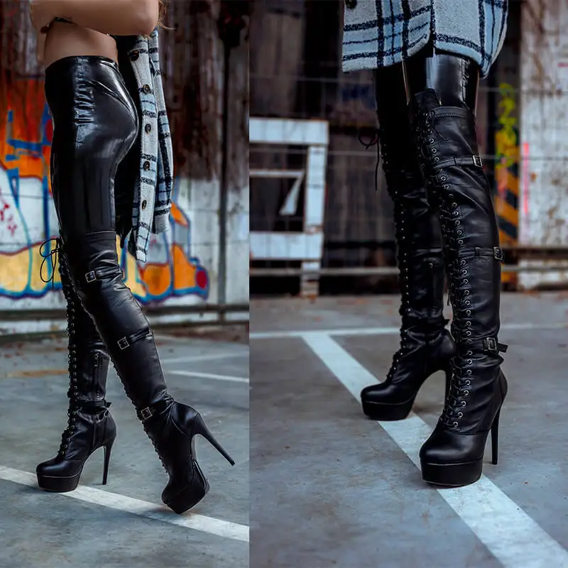 Onlymaker Over The Knee High Boots Women\'s Platform Round Toe Stiletto Side Zipper Patent Leather Black Fashion Sexy Winter Boot