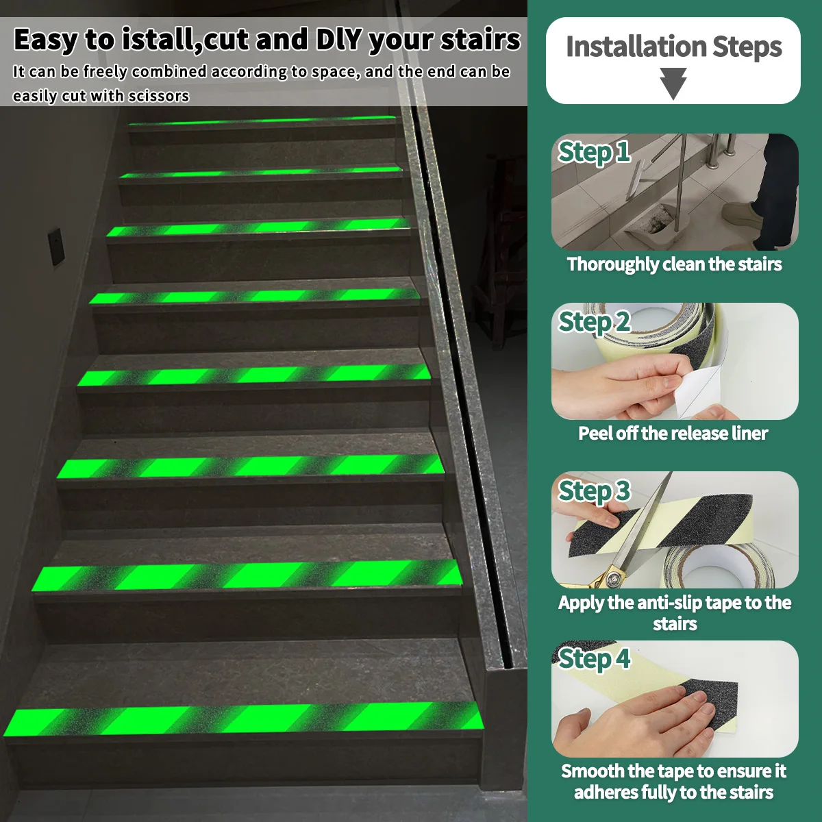 Twill Anti Slip Traction Tape Glow in Dark Green Stripe Friction Abrasive Adhesive For Stair Tread Step Indoor Outdoor