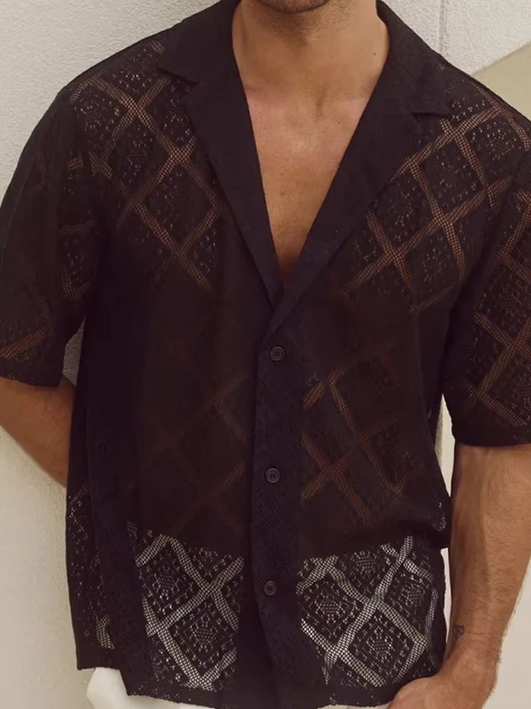 

Sexy Transparent Hollow Out Buttoned Lapel Cardigan Top Men Summer Casual Short Sleeve Shirt Trendy Mens Solid Color Knit Shirts