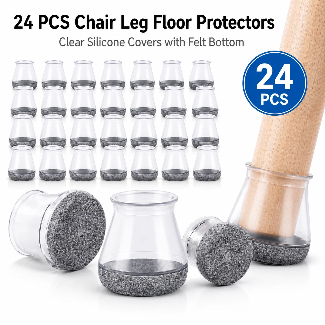 

24 PCS Silicone Chair Leg Floor Protectors with Felt Pads, Clear Chair Feet Caps for Round Legs, Noise Reducing Floor Protectors