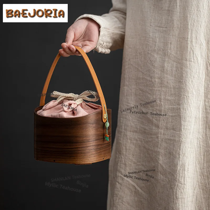BAEJORIA Walnut Wood Flower Collection Tea Set Storage Bag Portable Tea Bag Retro Storage Basket Outdoor Hand-held Travel Bag