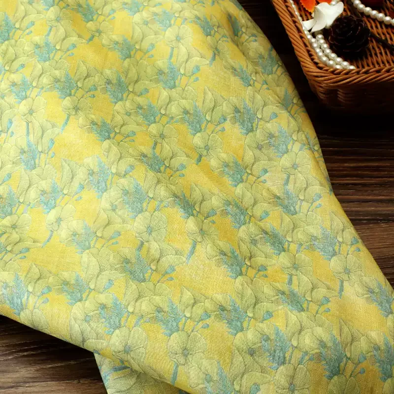 

100% ramie yellow Chinese style printed fabric, used for making shirts, skirts, and DIY sewing fabrics