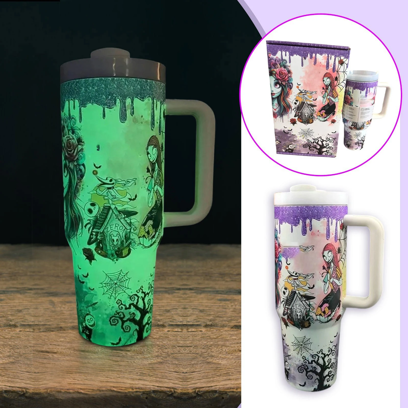 كوب Nightmare Christmas Tumbler، كوب Skellington 40oz من الفولاذ المقاوم للصدأ مع تصميم وقش متوهج في الظلام، إصدار محدود للهالوين Gi