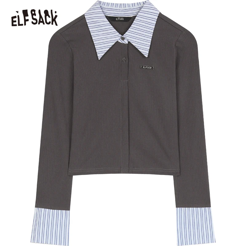 ELFSACK 2024 Autumn New Arrivals Retro black fake two-piece shirt with lapel, slim fit, short knit sweater for women