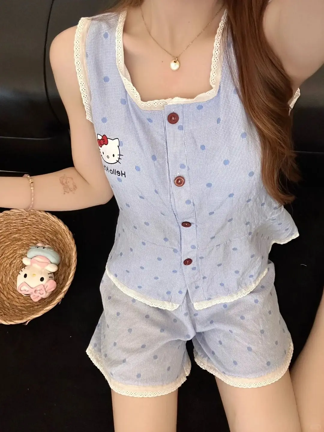 

Женский летний пижамный комплект Hello Kitty с мультяшным принтом, состоящий из 2 предметов, шорты с короткими рукавами, удобная одежда для дома, готовая одежда для сна на открытом воздухе