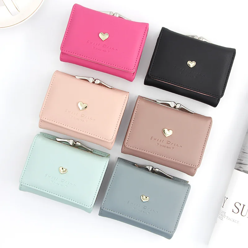 

New Candy Color Fashion Women Coin Purse Leather Solid Color Vintage Short Wallet Heart Hasp Ladies Girls Card Holder Clutch Bag