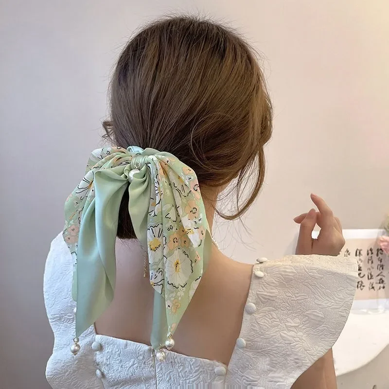 Beautiful Print Bow Scrunchies Hair Ribbon for Women Elastic Hair Bead Band Girls Horsetail Hairs Ties Hair Accessories