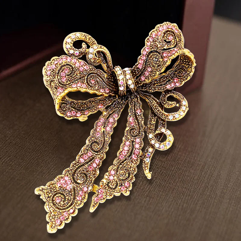 1 Pc Women\'s Rhinestone Bowknot Brooch Alloy Retro Bow Corsage Pin Accessories