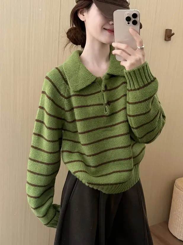 Ele vintage ne listrado camisola feminina solta ajuste outono novo sle emagrecimento topo quali malha longa sve camisola