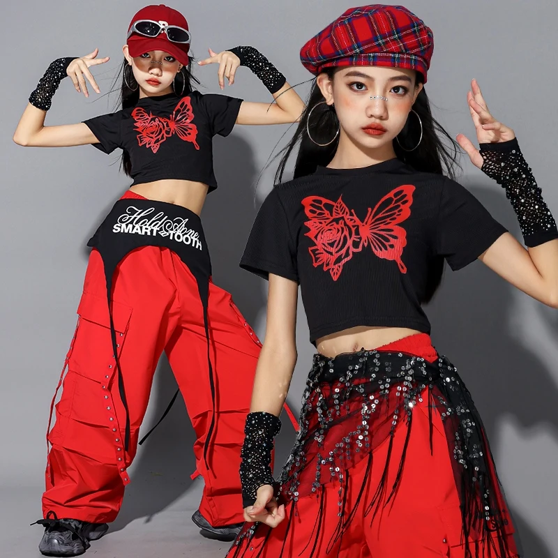 Jazz Dance Costumes Kid Girls Kpop Stage Outfit Red And Black Trendy Suit Crop Top Shuffle Pants Hip Hop Street Dance Wear 2362