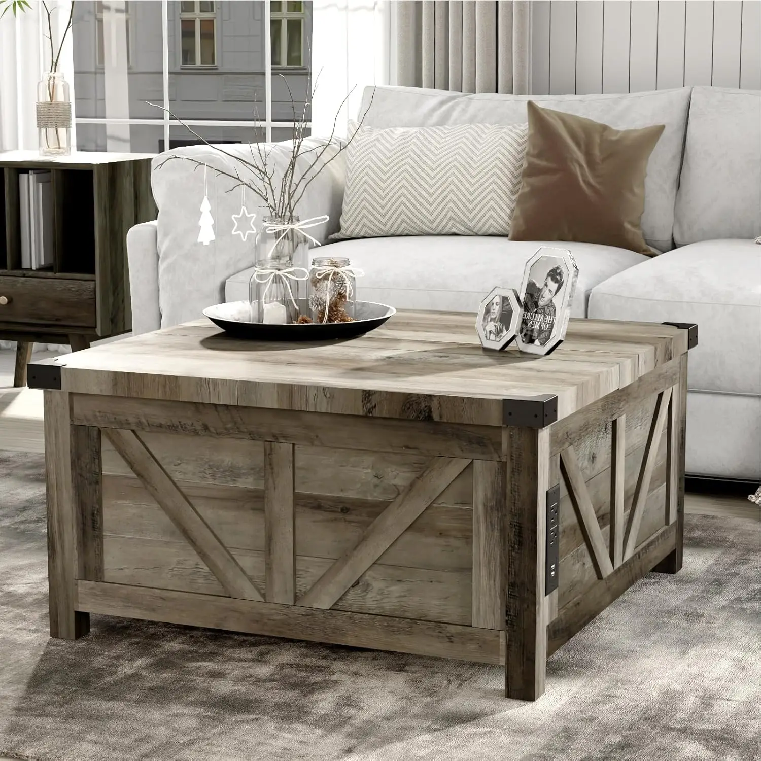 Farmhouse Lift Top Coffee Table com Armazenamento, Wood Square Center Table, Estação de carregamento e portas USB, Living Room Central Table