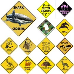 Funny Metal Tin Sign Shark Turkey Turtle Deer Xing Caution Crossing Sign Wildlife Gift for Indoor Outdoor Wall Decor Square Sign