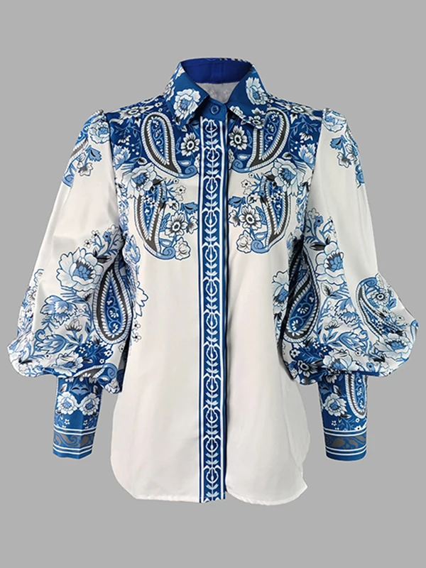 Modigirl 2025 New Women\'s Vintage Blouses Shirts Blue Floral Printed Lapel Summer Elegant Puff Sleeves Casual Office Shirts Tops