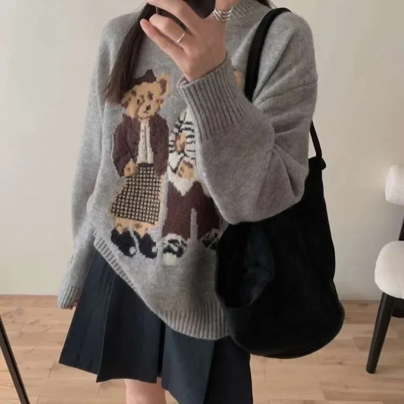 Korean Women O-neck Cartoon Printed Pullover Knitted Sweaters 2025 Autumn Winter New Vintage Korean Version Women Clothing