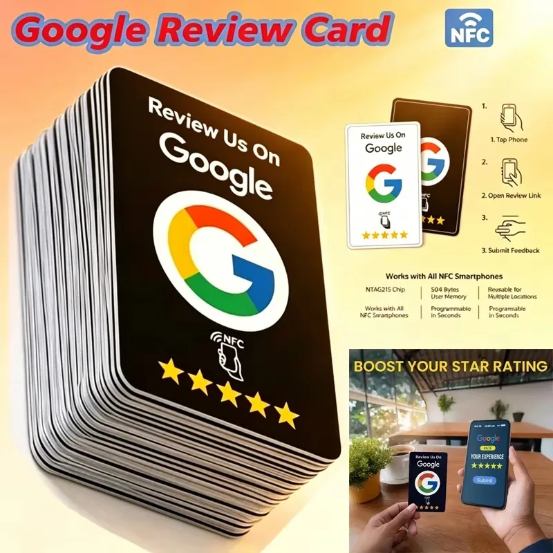 5-50Pcs Black Premium Wear‑Resistant Matte Finish Reusable Google Review// Tap NFC Card Programmable NFC Tap Card User‑Friendly